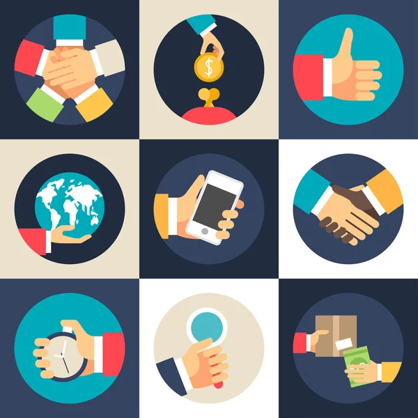 Set von flachen Design-Vektor-Business-Icons. Teamwork, Investitionen, Weltwirtschaft, Partnerschaft, Zeitmanagement — Stockvektor