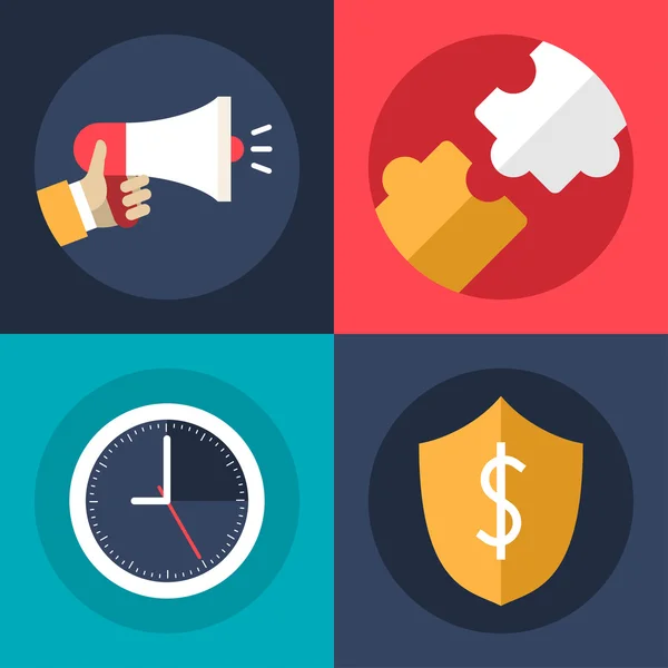 Set of Flat Design Vector Business Icons. Promotion, Creative Ideas, Security, Time Management — 스톡 벡터