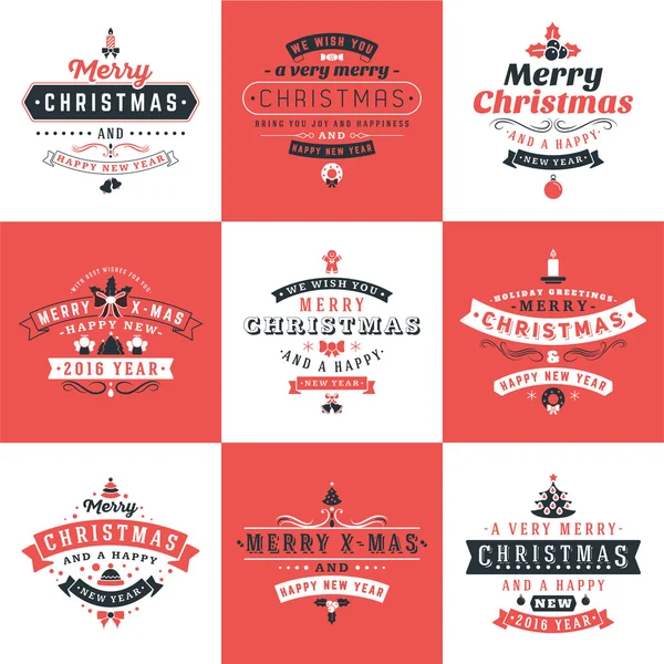 Set van Retro Vintage typografische prettige kerstdagen en gelukkig Nieuwjaar Badges. Vectorillustratie. Rode, zwarte en witte kleuren — Stockvector