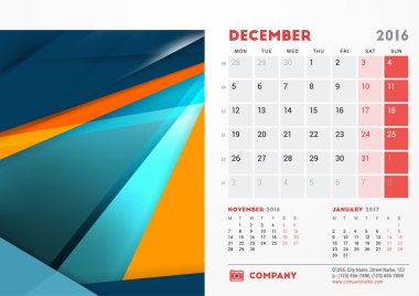 December 2016. Desk Calendar for 2016 Year. Vector Stationery Design Template with Material Design Abstract Background, Company Logo and Contact Information. Week Starts Monday