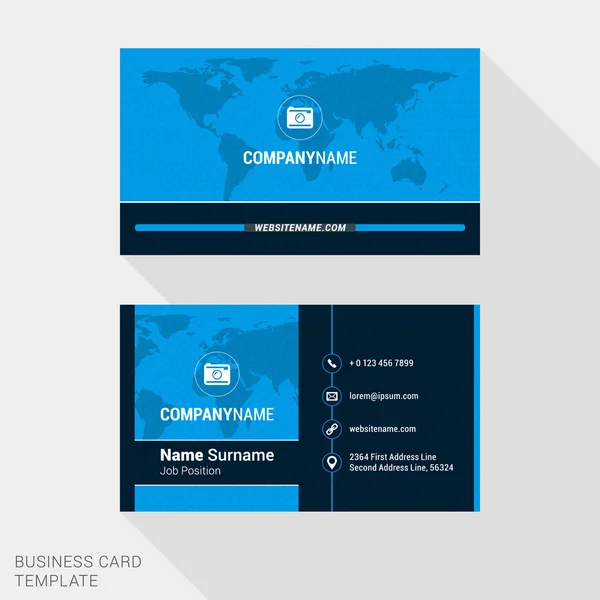 Moderne, kreative und saubere Visitenkartenvorlage in blauer Farbe mit Weltkarte. Vektorillustration — Stockvektor