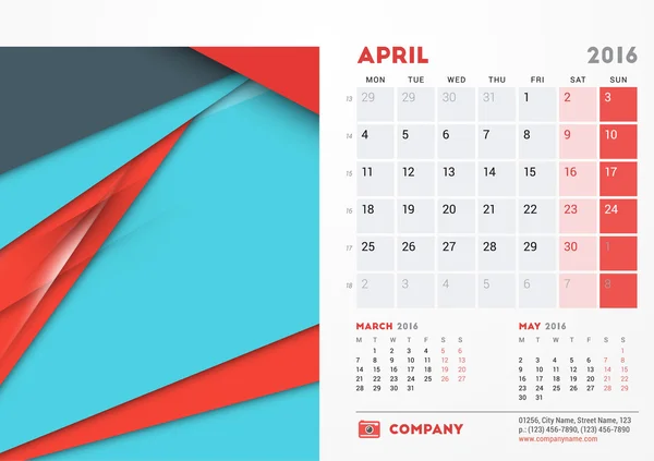 April 2016. Desk Calendar for 2016 Year. Vector Stationery Design Template with Material Design Abstract Background, Company Logo and Contact Information. Week Starts Monday — 스톡 벡터