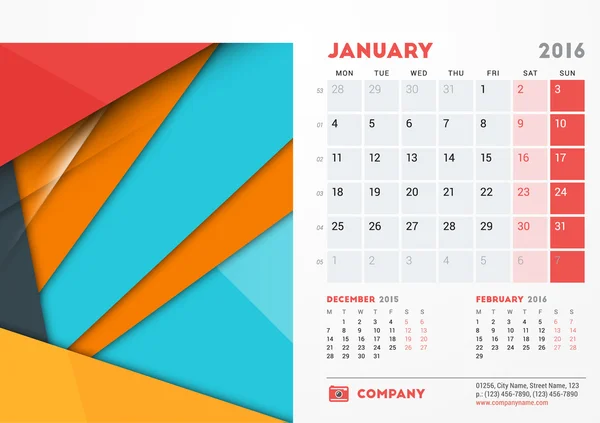 January 2016. Desk Calendar for 2016 Year. Vector Stationery Design Template with Material Design Abstract Background, Company Logo and Contact Information. Week Starts Monday — Διανυσματικό Αρχείο