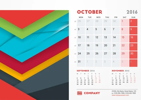 October 2016. Desk Calendar for 2016 Year. Vector Stationery Design Template with Material Design Abstract Background, Company Logo and Contact Information. Week Starts Monday — Stockový vektor