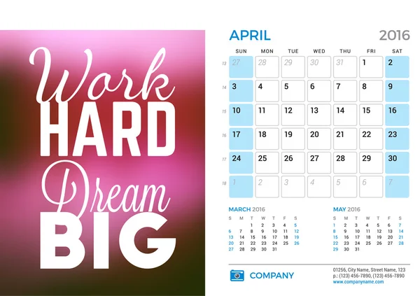 Desk Calendar for 2016 Year. April. Vector Stationery Design Template with Motivational Quote on the Blurred Background, Company Logo and Contact Information. Week Starts Sunday. 3 Months on Page — Διανυσματικό Αρχείο