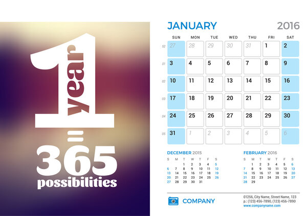 Desk Calendar for 2016 Year. January. Vector Stationery Design Template with Motivational Quote on the Blurred Background, Company Logo and Contact Information. Week Starts Sunday. 3 Months on Page