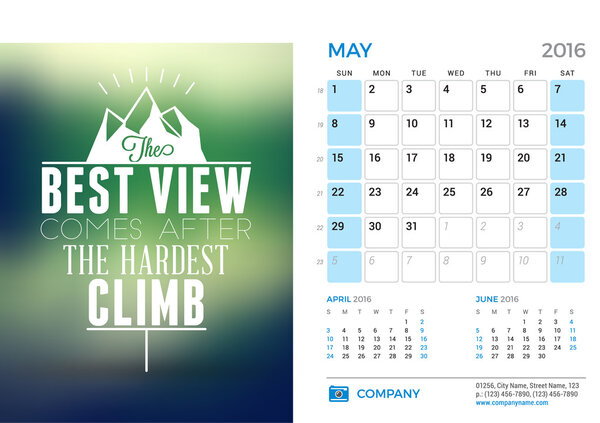 Desk Calendar for 2016 Year. May. Vector Stationery Design Template with Motivational Quote on the Blurred Background, Company Logo and Contact Information. Week Starts Sunday. 3 Months on Page