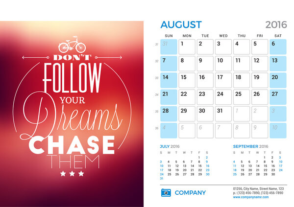 Desk Calendar for 2016 Year. August. Vector Stationery Design Template with Motivational Quote on the Blurred Background, Company Logo and Contact Information. Week Starts Sunday. 3 Months on Page