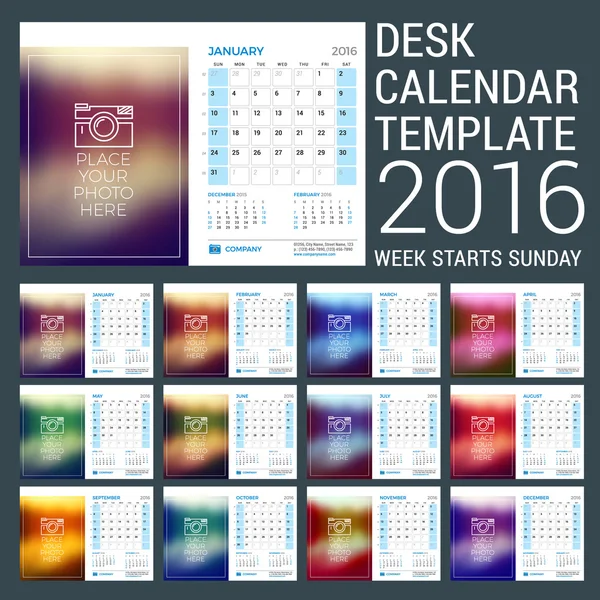 Calendarul biroului pentru anul 2016. Șablon de design papetărie vectorială cu citat motivațional pe fundal neclară, logo-ul companiei și informații de contact. Săptămâna începe duminică. 3 luni pe pagina — Vector de stoc