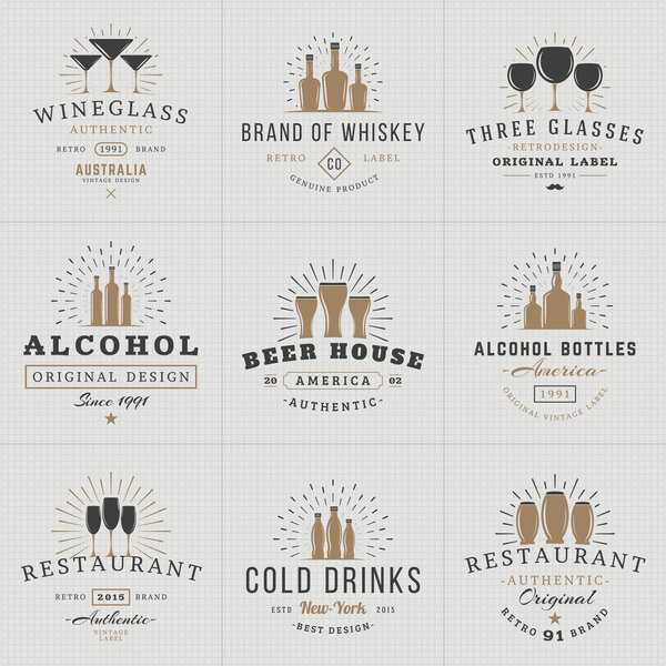 Set of Hipster Vintage Labels, Logotypes, Badges for Your Business. Beverage, Wine Glasses, Bottles, Beer, Drinks, Restaurant. Vector Illustration
