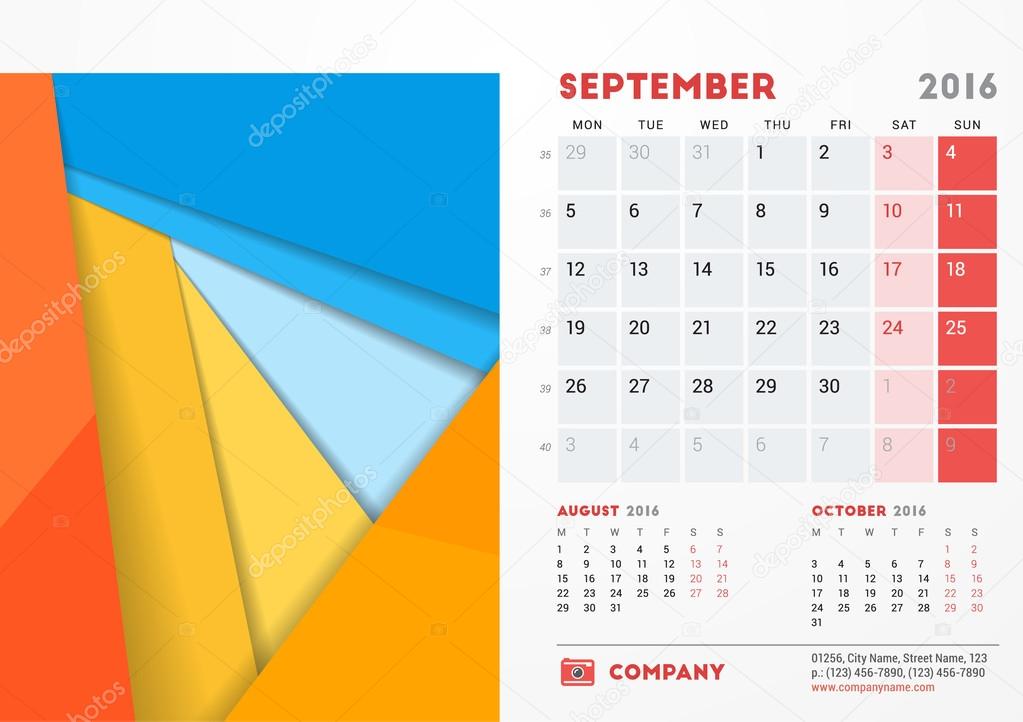Сентябрь 2016 Года. Настольный Календарь На 2016 Год. Шаблон.