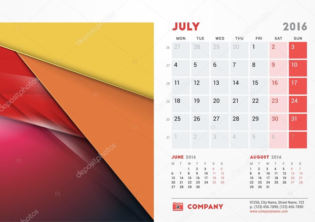 July 2016. Desk Calendar for 2016 Year. Vector Stationery Design Template with Material Design Abstract Background, Company Logo and Contact Information. Week Starts Monday