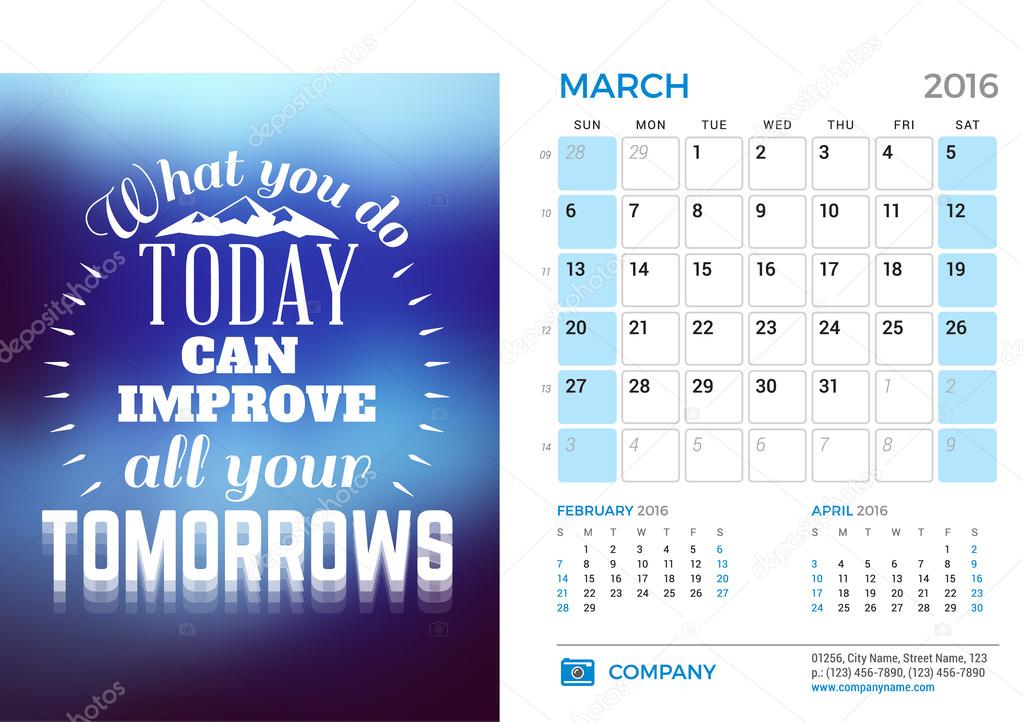 Desk Calendar For 2016 Year March Vector Stationery Design