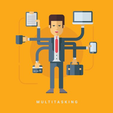 Businessman with Many Hands Doing Many Tasks. Multitasking Business Concept. Vector Flat Style Illustration