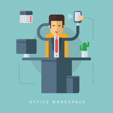 Man Sitting at the Table and Talking on the Smartphone in the Office. Flat Style Vector Illustration