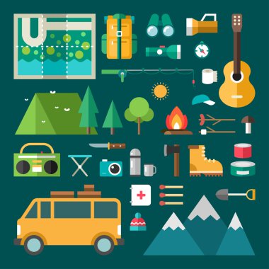 Tourist Equipment and Objects. Set of Vector Icons and Illustrations in Flat Design Style for Infographics