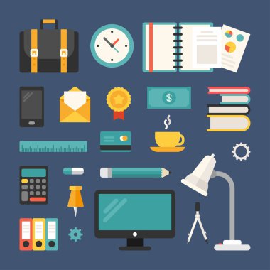 Set of Vector Icons and Illustrations in Flat Design Style. Business Objects and Symbols. Suitcase, Smartphone, Desktop, Mail, Calculator, Documentation, Coffee