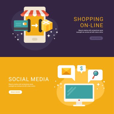 Flat Design Concept for Web Banners. Shopping On-line and Social Media