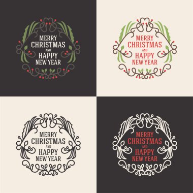 Noel çiçek dekoratif selamlar ökseotu şube, çilek ve tipografik tasarım öğeleri kümesi. Çizilmiş vektör çizim el