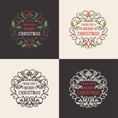 Noel çiçek dekoratif selamlar ökseotu şube, çilek ve tipografik tasarım öğeleri kümesi. Çizilmiş vektör çizim el