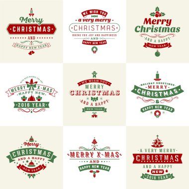 Retro Vintage tipografik neşeli Noel ve mutlu yeni yıl rozetleri kümesi. Vektör çizim Retro renkleri