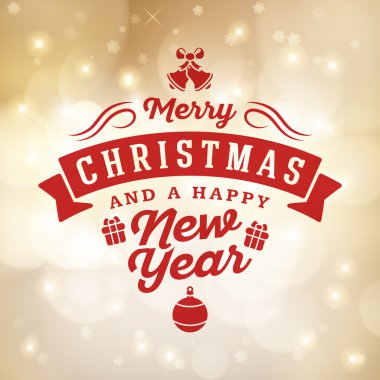 Noel Kartpostalı dekorasyon Vintage tipografik rozeti olan ve renkli arka plan bulanık. Vektör çizim