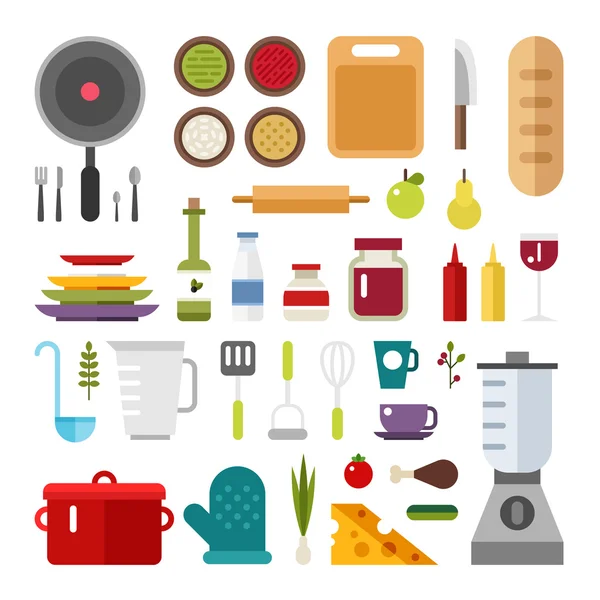 Conjunto de iconos vectoriales e ilustraciones en estilo de diseño plano. Electrodomésticos y Alimentos — Vector de stock