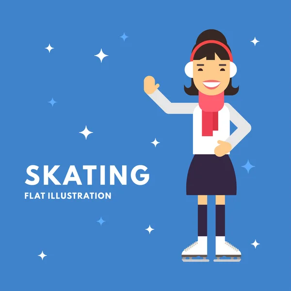 Sport Concept Illustration. Female Cartoon Character. Skater Standing and Smiling. Flat Style Vector Illustration — Διανυσματικό Αρχείο