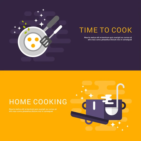 Flat Design Concept for Web Banners. Cooking. Time to Cook. Home Cooking — Stock Vector