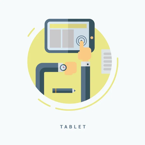 Ilustración de vectores de estilo plano. Concepto de Tablet PC. Hombre Trabajando con Tablet — Vector de stock