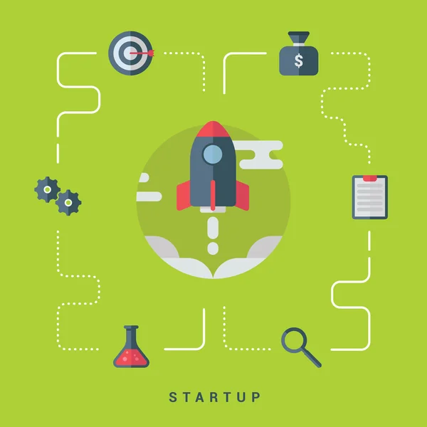 Business Start Up Concept con Rocket. Illustrazione vettoriale in stile piatto con icone aziendali — Vettoriale Stock