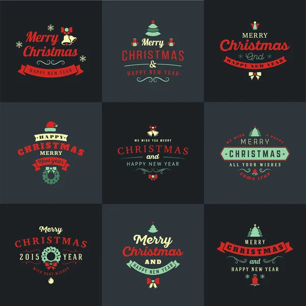 Set van Retro Vintage typografische prettige kerstdagen en gelukkig Nieuwjaar Badges. Vectorillustratie in Retro kleuren — Stockvector