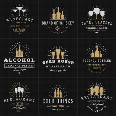Set of Hipster Vintage Labels, Logotypes, Badges for Your Business. Beverage, Wine Glasses, Bottles, Beer, Drinks, Restaurant. Vector Illustration on Dark Textured Background