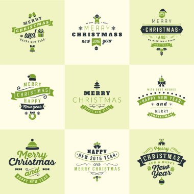 Retro Vintage tipografik neşeli Noel ve mutlu yeni yıl rozetleri kümesi. Vektör çizim Retro renkleri