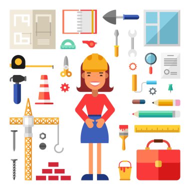 Set of Vector Icons and Illustrations in Flat Design Style. Female Cartoon Character Builder Surrounded by Building Tools
