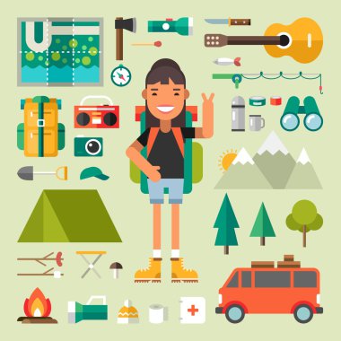 Set of Vector Icons and Illustrations in Flat Design Style. Female Cartoon Character Traveler Surrounded by Tourist Equipment