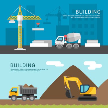 Building Concept. Crane and Cement Mixers. Dump Truck and Excavator. Vector Illustration in Flat Design Style for Web Banners or Promotional Materials