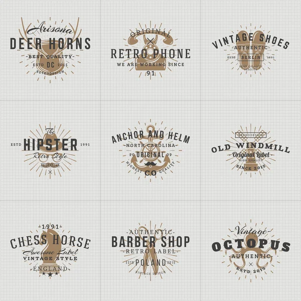 Set of Hipster Vintage Labels, Logotypes, Badges for Your Business. Horns, Retro Phone, Shoes, Anchor, Windmill, Barber, Chess. Vector Illustration — Stok Vektör