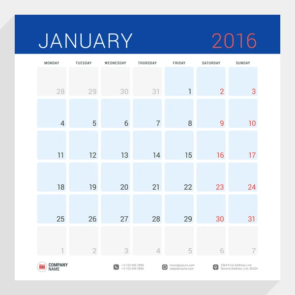 Планувальник календаря на 2016 рік. Векторний шаблон дизайну канцелярського приладдя. Квадратні сторінки з місцем для записів. Тиждень починається з понеділка. січня 2016 року — стоковий вектор