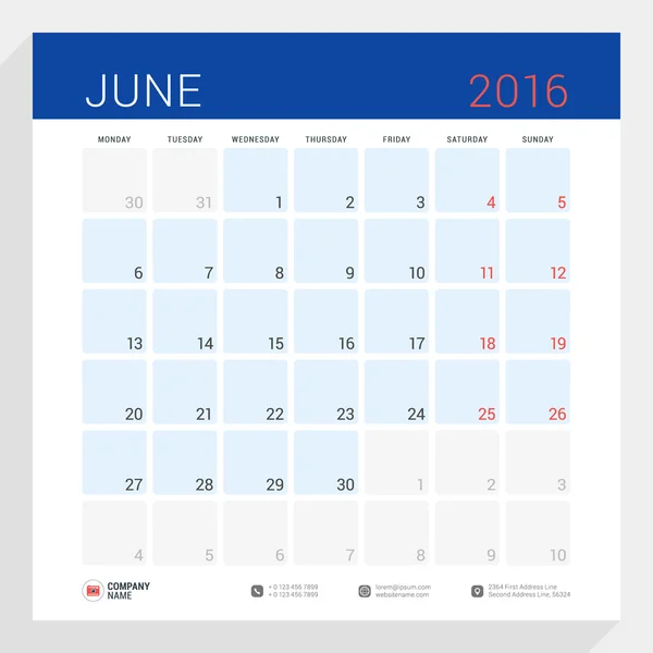 Calendar Planner for 2016 Year. Vector Stationery Design Print Template. Square Pages with Place for Notes. Week Starts Monday. June 2016 — Stockový vektor