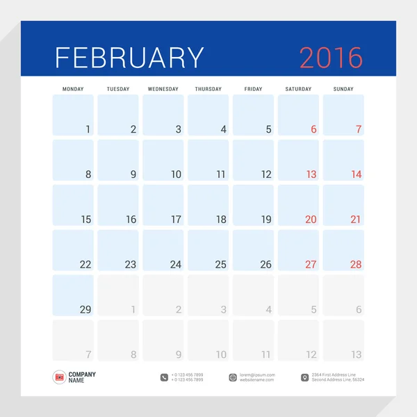 Calendar Planner for 2016 Year. Vector Stationery Design Print Template. Square Pages with Place for Notes. Week Starts Monday. February 2016 — Stockový vektor