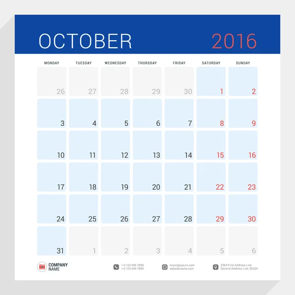 Calendar Planner for 2016 Year. Vector Stationery Design Print Template. Square Pages with Place for Notes. Week Starts Monday. October 2016 — Stock vektor