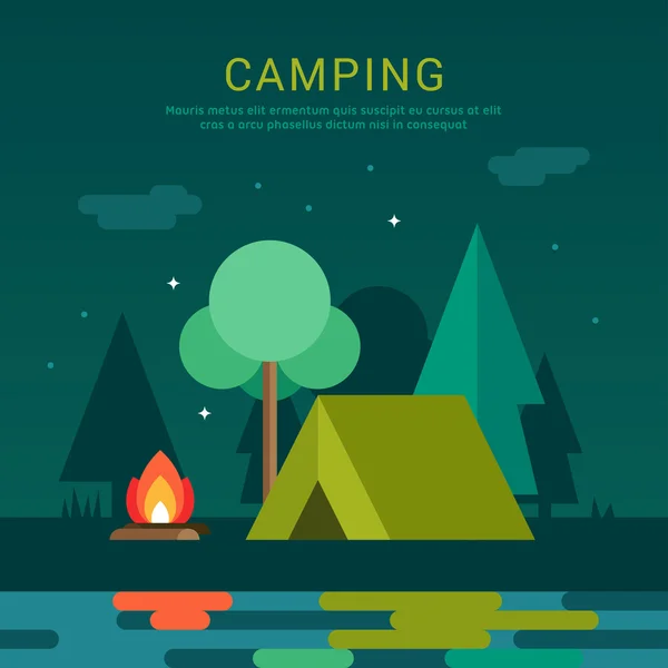Mountain Camp. Tenda turística e fogueira na costa à noite. Ilustração vetorial em estilo de design plano para banners da Web ou materiais promocionais — Vetor de Stock