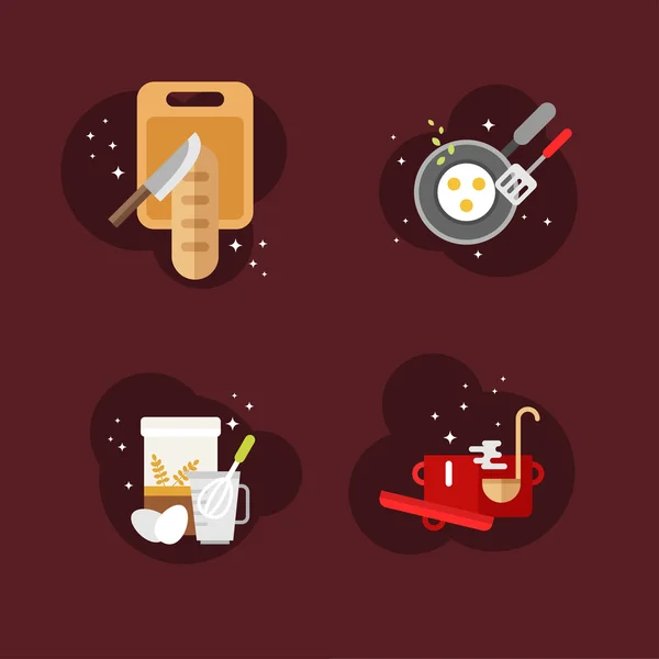 Set of Flat Design Vector Illustrations with Kitchen Appliances and Objects. Bread on a Cutting Board. Fried Eggs in a Frying Pan. Flour and Eggs. Soup in the Pan — ストックベクタ