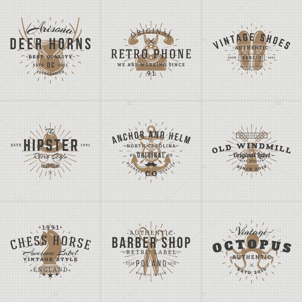 Set of Hipster Vintage Labels, Logotypes, Badges for Your Business. Horns, Retro Phone, Shoes, Anchor, Windmill, Barber, Chess. Vector Illustration