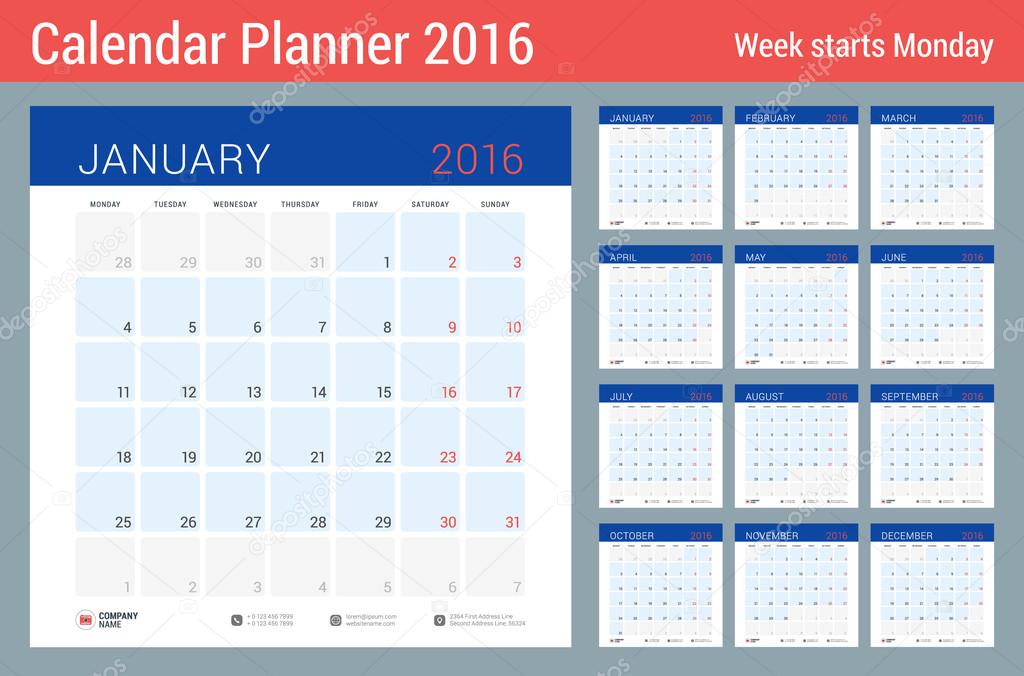 Calendar Planner for 2016 Year. Vector Stationery Design Print Template. Square Pages with Place for Notes. Week Starts Monday. Set of 12 Months