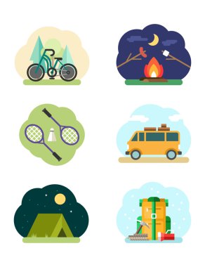 Set of Flat Design Vector Illustrations with Tourism and Recreation Objects. Bike, Bonefire, Badminton, Van, Tent, Backpack