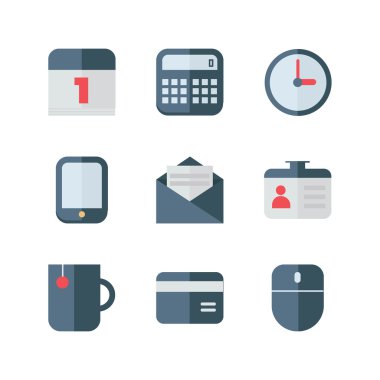 Set of Flat Style Vector Business Icons. Gray and Red Colors. Calendar, Calculator, Mail, Card, Phone, Clock, Cup, Mouse