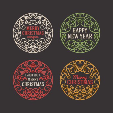 Set of Christmas Postcard Decorative Greetings with Mistletoe Branch, Berries and Typographic Design Elements. Hand Drawn Vector Illustration