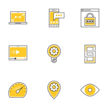 İnce çizgi teknoloji cihazlar simgeler kümesi. Analitycs, Sms, Internet güvenliği, Video oynatıcı, Link, hız testi, yerel optimizasyon, yaratıcı fikir, görüş. Vektör çizim